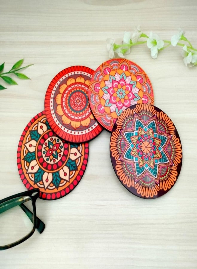 Yey Tea Coaster Set Colorful Mandala Pattern Printed Round, MDF Wood Material Coasters for Home and Kitchen, Office Table, Dining Table, Home Decor (3.5x3.5 inches, Set of 4) - Image 3